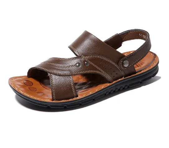 First layer cowhide men's open toe sandals with non-slip rubber sole, colour black