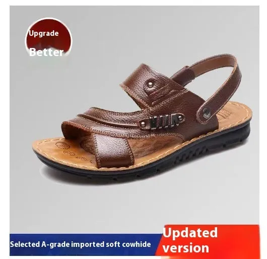 First layer cowhide men's open toe sandals with non-slip rubber sole, colour black