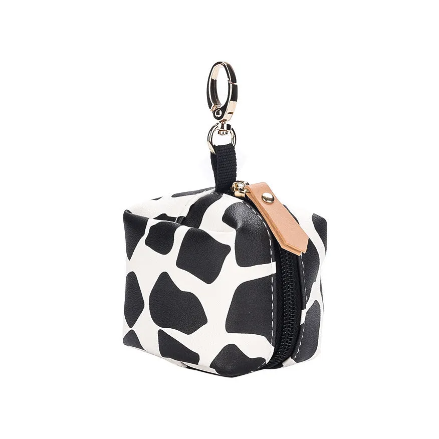 Baby pacifier holder case in PU leather with impervious nylon lining and buckle clip, holds 2 pacifiers, compact 6.35cm size