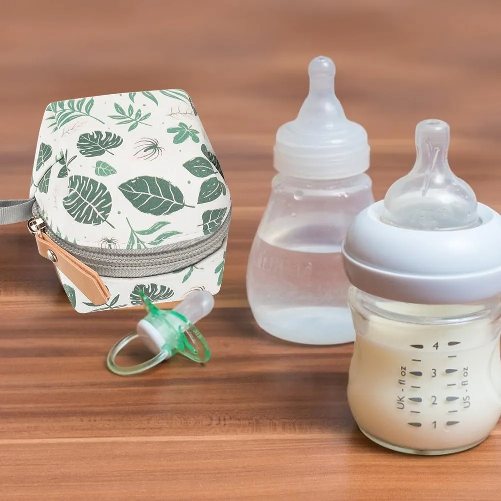 Baby pacifier holder case in PU leather with impervious nylon lining and buckle clip, holds 2 pacifiers, compact 6.35cm size