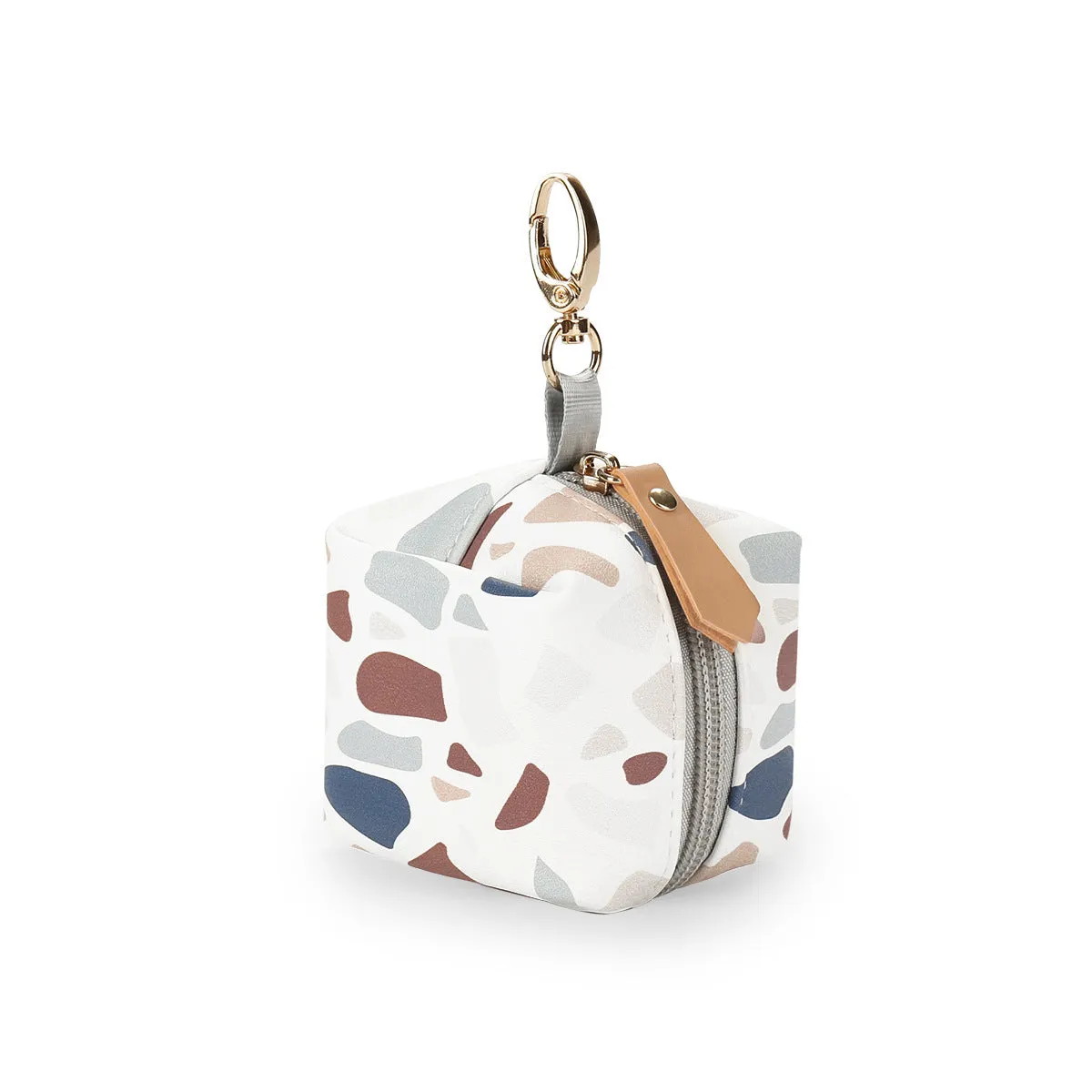Baby pacifier holder case in PU leather with impervious nylon lining and buckle clip, holds 2 pacifiers, compact 6.35cm size