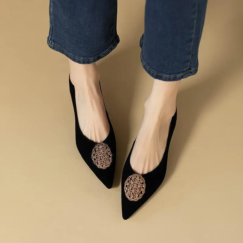 French style women's stiletto pointed-toe shoes in black suede with rubber outsole and shallow mouth design