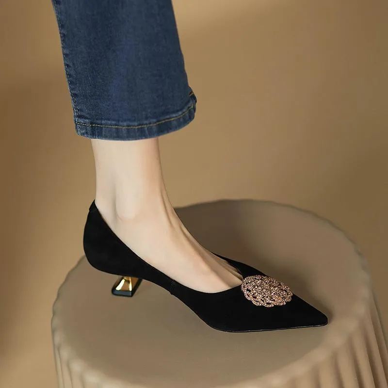 French style women's stiletto pointed-toe shoes in black suede with rubber outsole and shallow mouth design