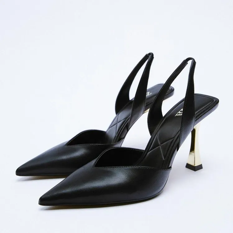 Women's pointed patent leather high heels in apricot colour on a white background.