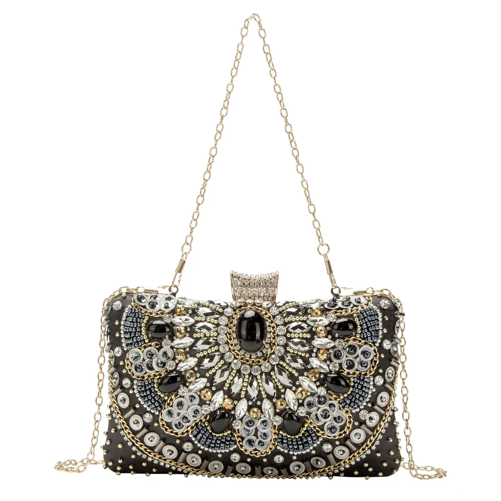 Retro hard shell dinner bag with pearl embroidery and beading in white, showing three-dimensional pocket and hand-held design