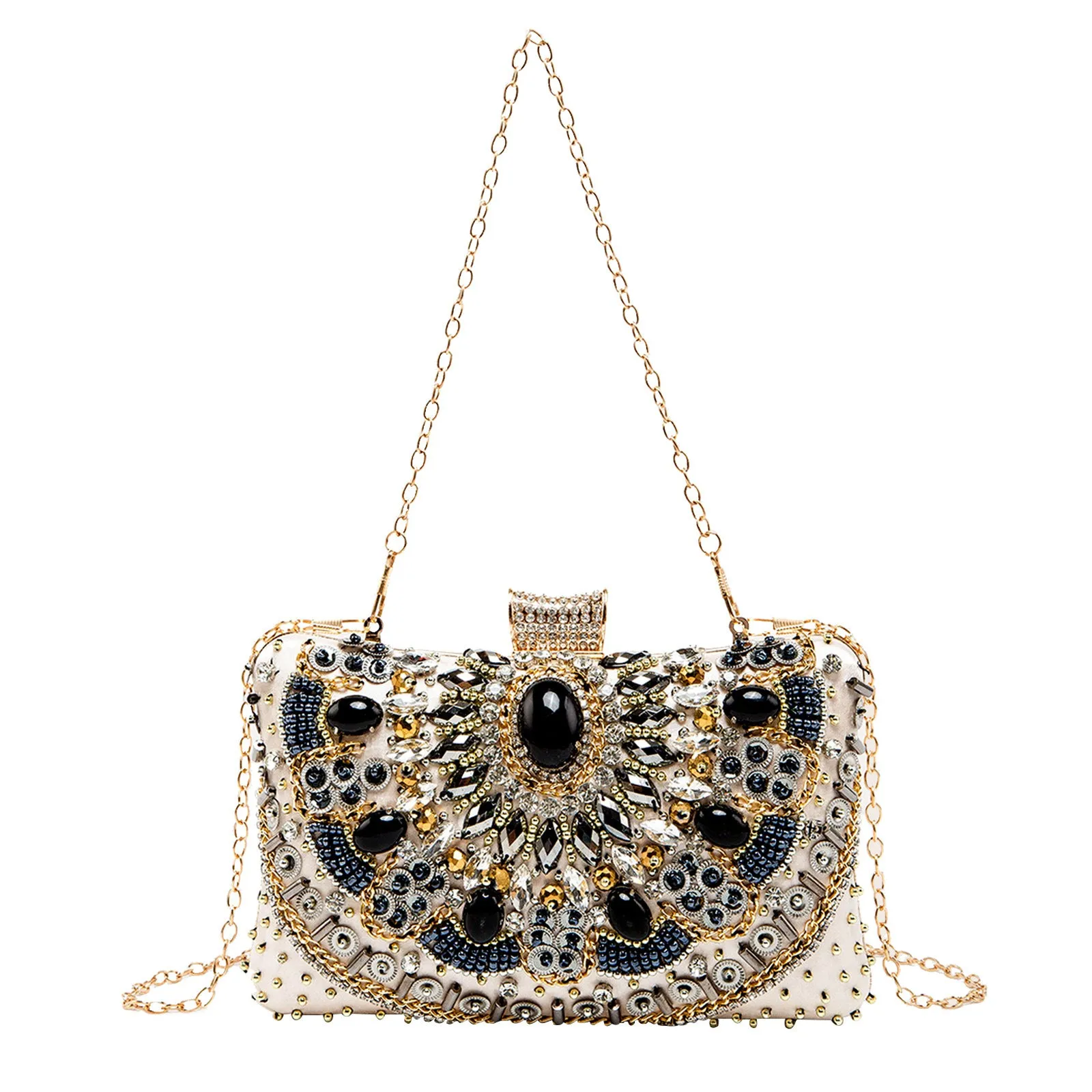 Retro hard shell dinner bag with pearl embroidery and beading in white, showing three-dimensional pocket and hand-held design
