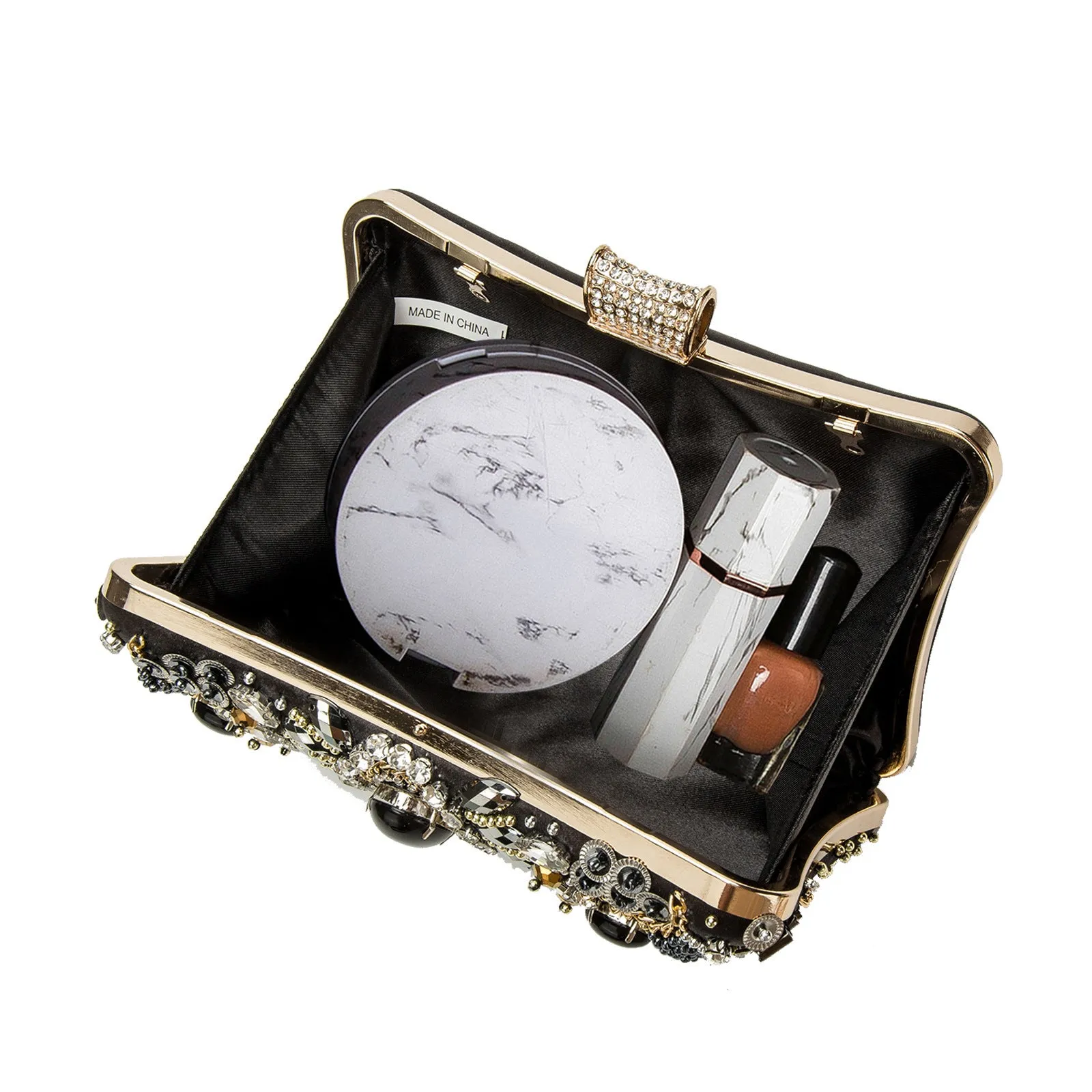 Retro hard shell dinner bag with pearl embroidery and beading in white, showing three-dimensional pocket and hand-held design