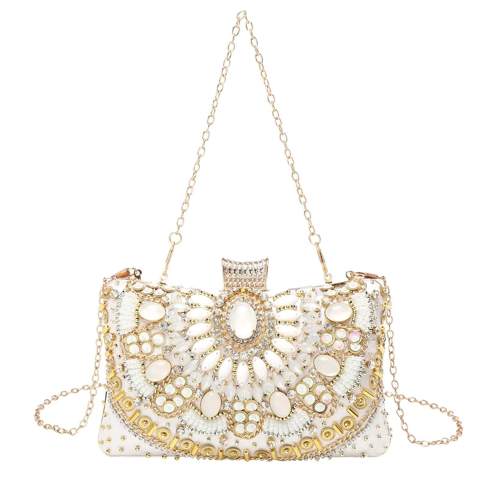 Retro hard shell dinner bag with pearl embroidery and beading in white, showing three-dimensional pocket and hand-held design