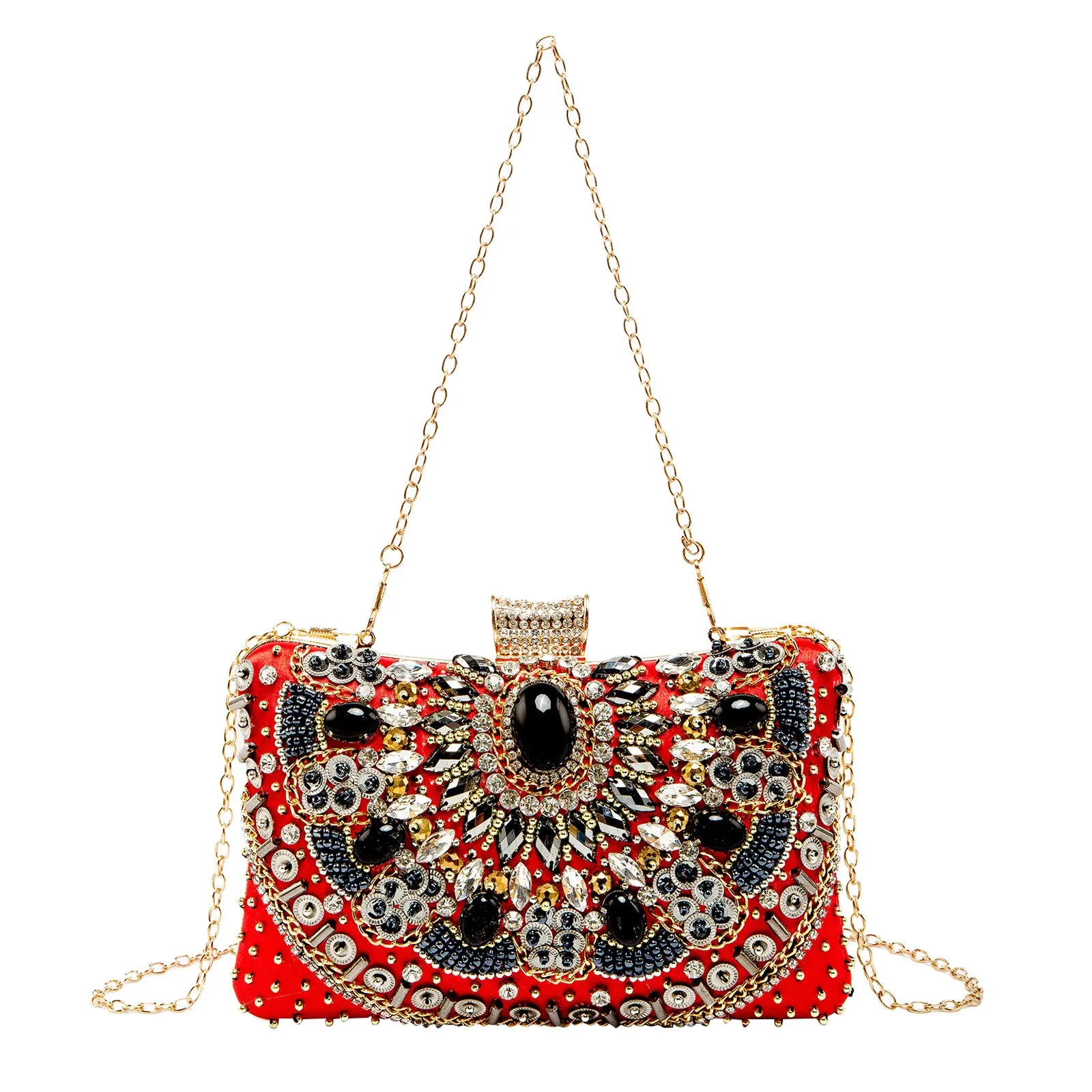 Retro hard shell dinner bag with pearl embroidery and beading in white, showing three-dimensional pocket and hand-held design