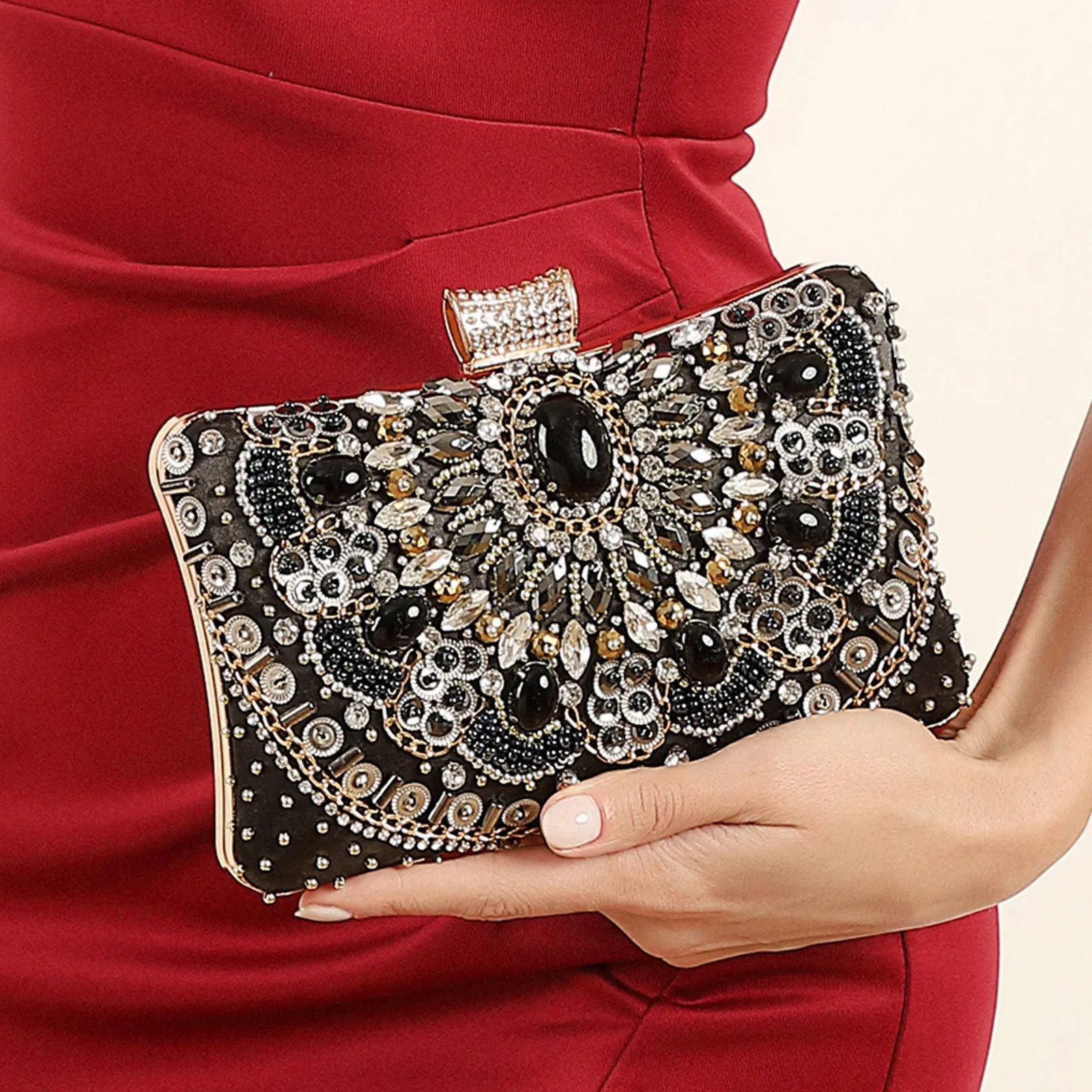 Retro hard shell dinner bag with pearl embroidery and beading in white, showing three-dimensional pocket and hand-held design
