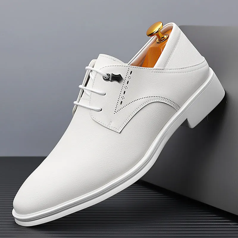 Men's black cow split leather pointed toe dress shoes with rubber sole, low heel, and low-top upper