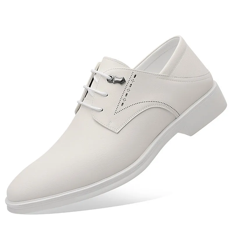 Men's black cow split leather pointed toe dress shoes with rubber sole, low heel, and low-top upper