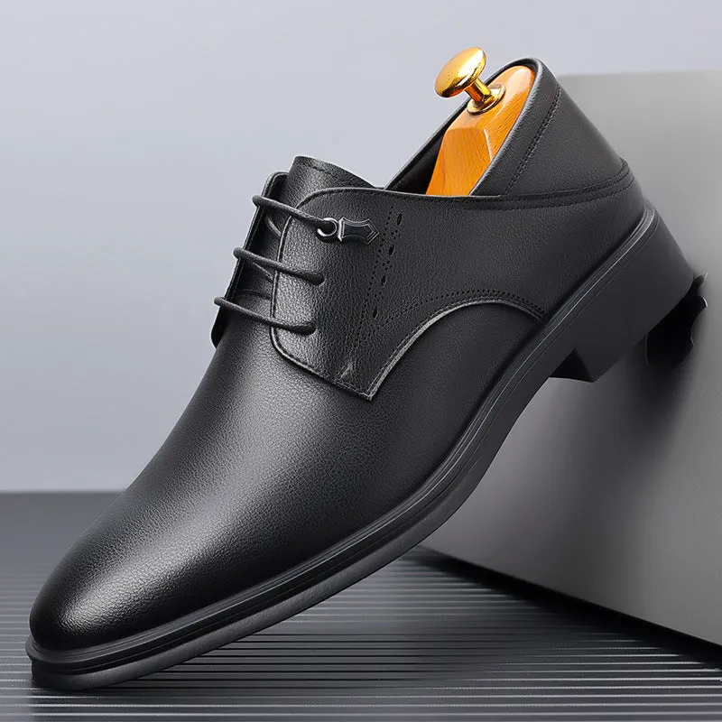 Men's black cow split leather pointed toe dress shoes with rubber sole, low heel, and low-top upper
