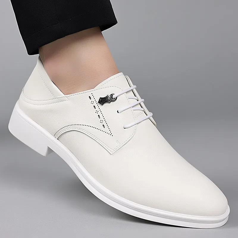 Men's black cow split leather pointed toe dress shoes with rubber sole, low heel, and low-top upper