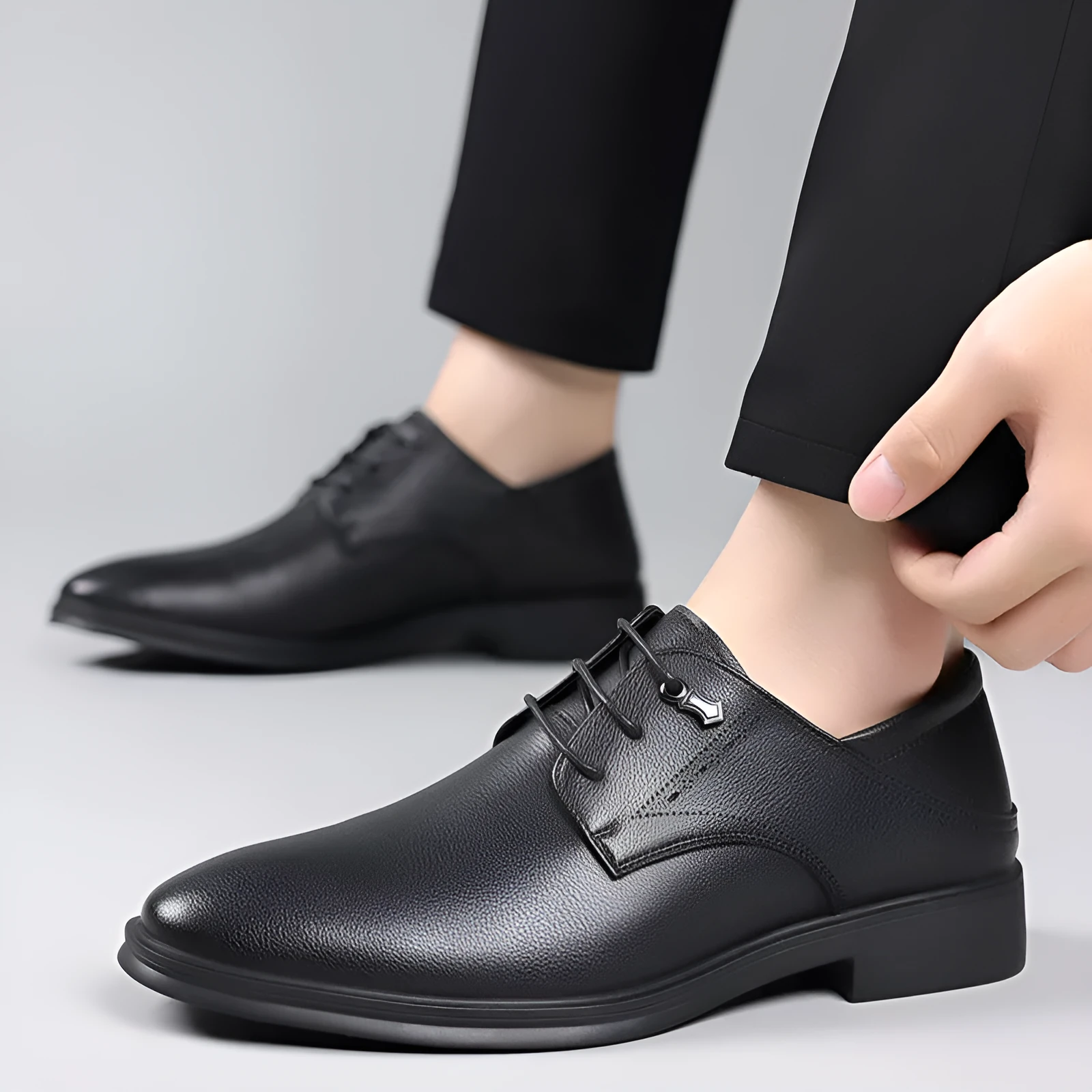 Men's black cow split leather pointed toe dress shoes with rubber sole, low heel, and low-top upper
