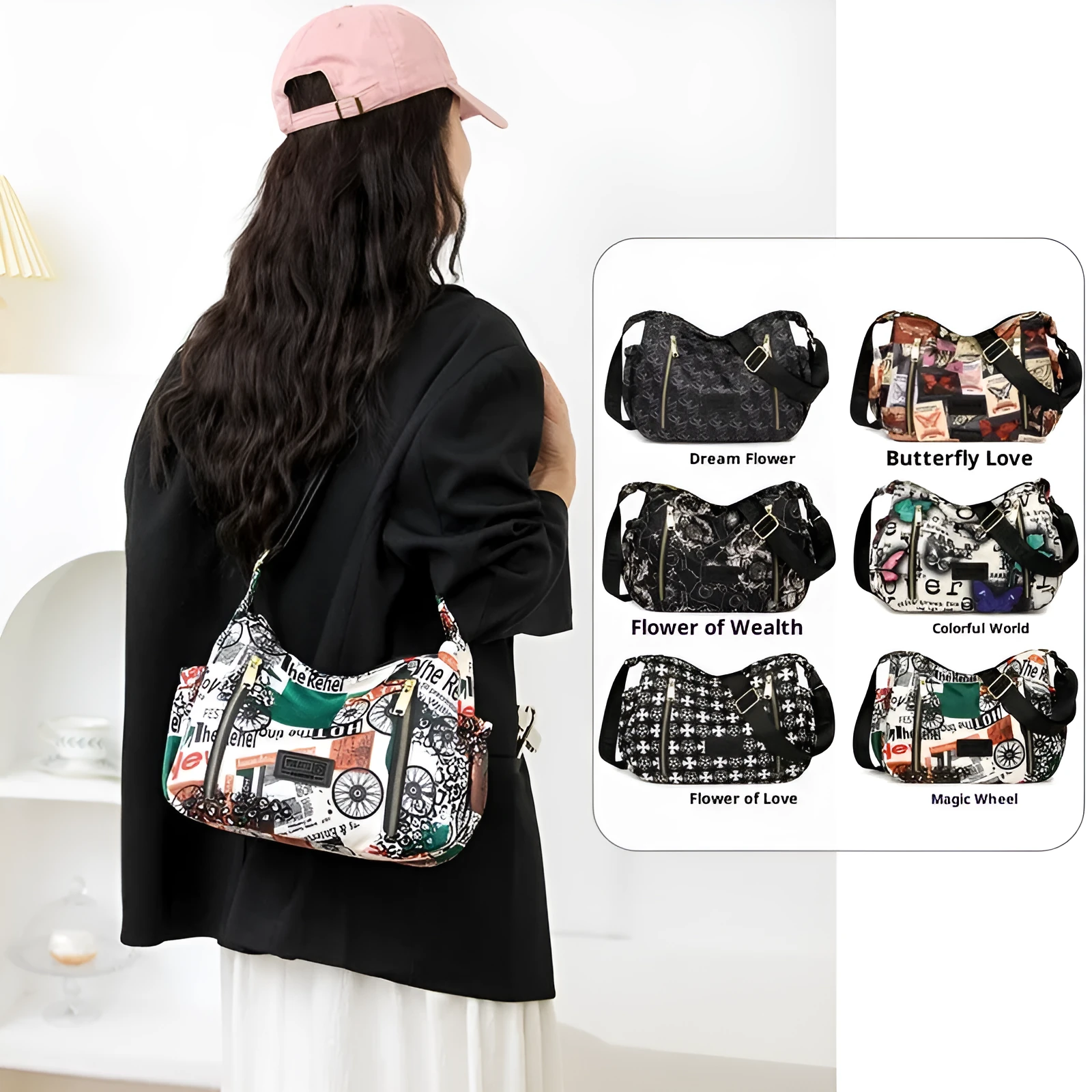 Graffiti casual crossbody bag in nylon with sewing line and print details, medium-soft build, single strap, dumpling shape