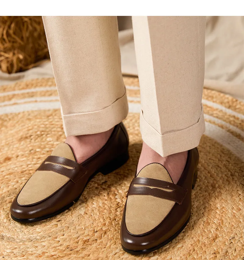 Coffee grey men's suede loafers with high-gloss finish and rubber sole on a plain background.