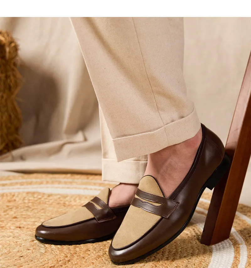 Coffee grey men's suede loafers with high-gloss finish and rubber sole on a plain background.