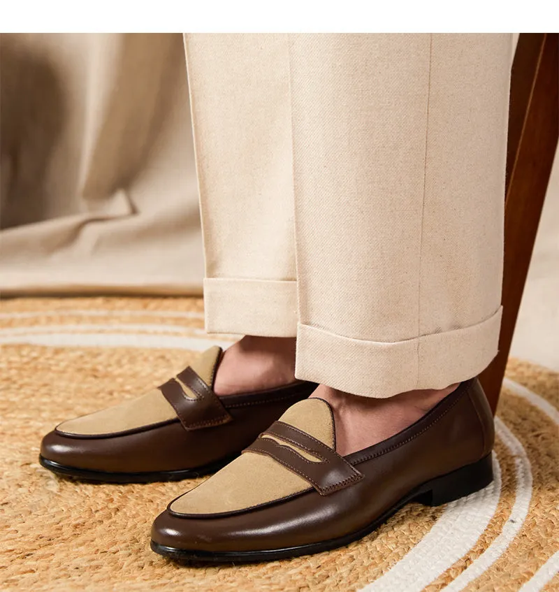 Coffee grey men's suede loafers with high-gloss finish and rubber sole on a plain background.