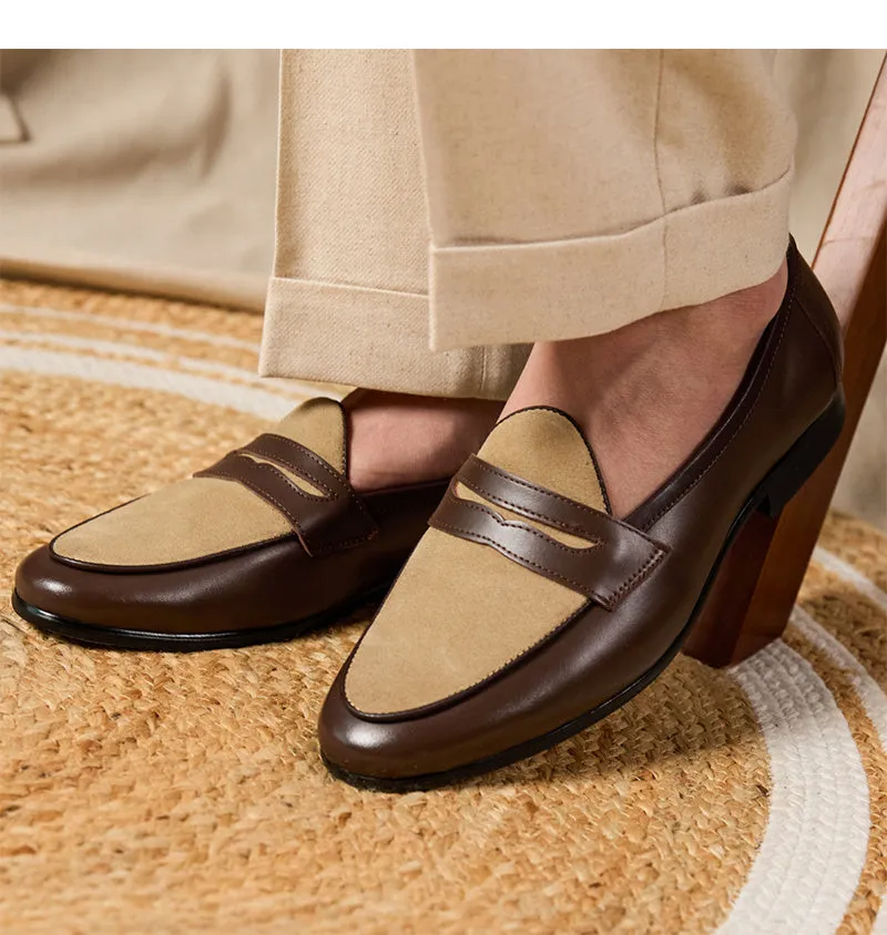 Coffee grey men's suede loafers with high-gloss finish and rubber sole on a plain background.