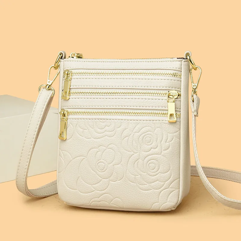 Five-layer soft PU leather embossed shoulder crossbody bag in beige, horizontal square shape, double-jointed strap