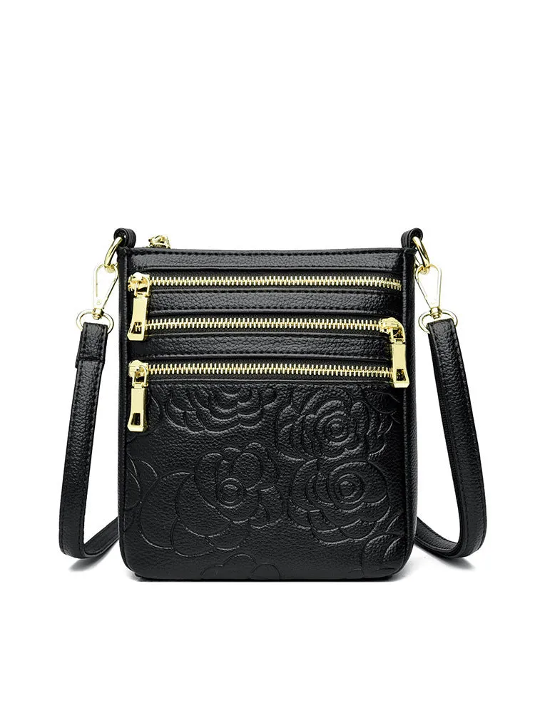 Five-layer soft PU leather embossed shoulder crossbody bag in beige, horizontal square shape, double-jointed strap