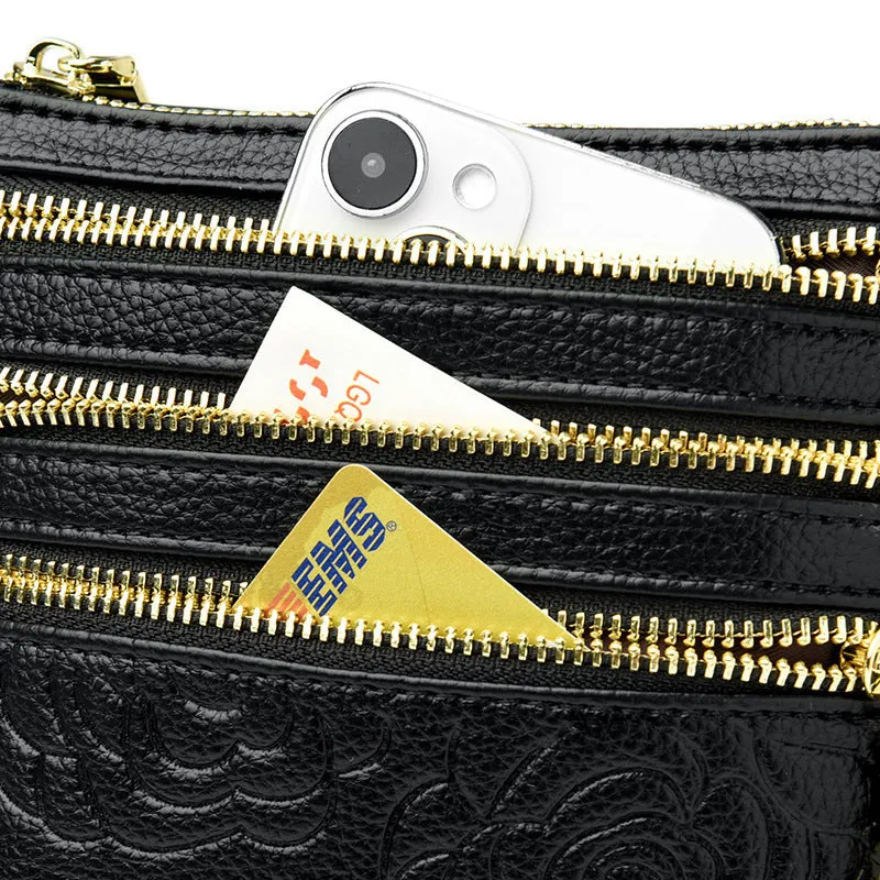 Five-layer soft PU leather embossed shoulder crossbody bag in beige, horizontal square shape, double-jointed strap