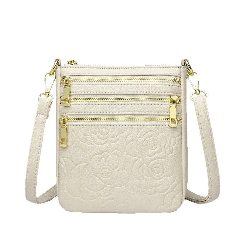 Five-layer soft PU leather embossed shoulder crossbody bag in beige, horizontal square shape, double-jointed strap