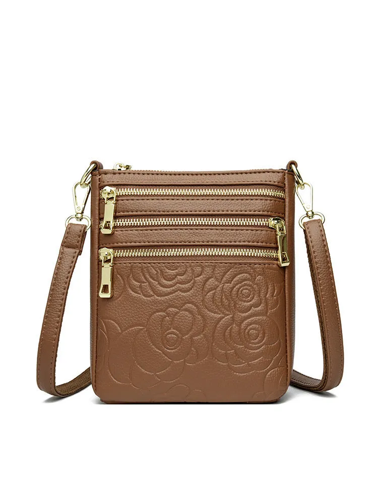 Five-layer soft PU leather embossed shoulder crossbody bag in beige, horizontal square shape, double-jointed strap