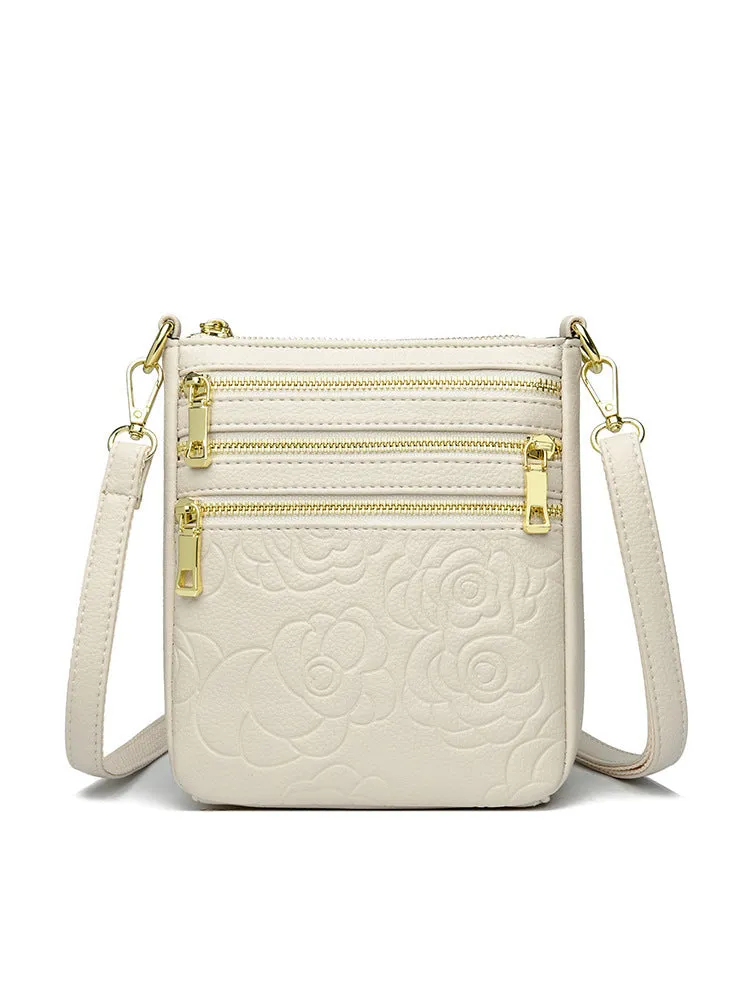 Five-layer soft PU leather embossed shoulder crossbody bag in beige, horizontal square shape, double-jointed strap