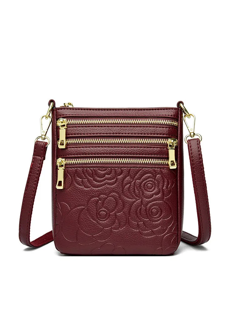 Five-layer soft PU leather embossed shoulder crossbody bag in beige, horizontal square shape, double-jointed strap