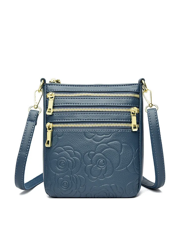 Five-layer soft PU leather embossed shoulder crossbody bag in beige, horizontal square shape, double-jointed strap