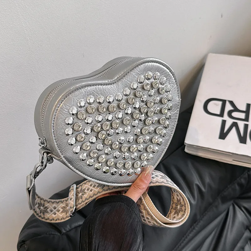 Heart shaped PU crossbody phone bag with western style shoulder strap in black