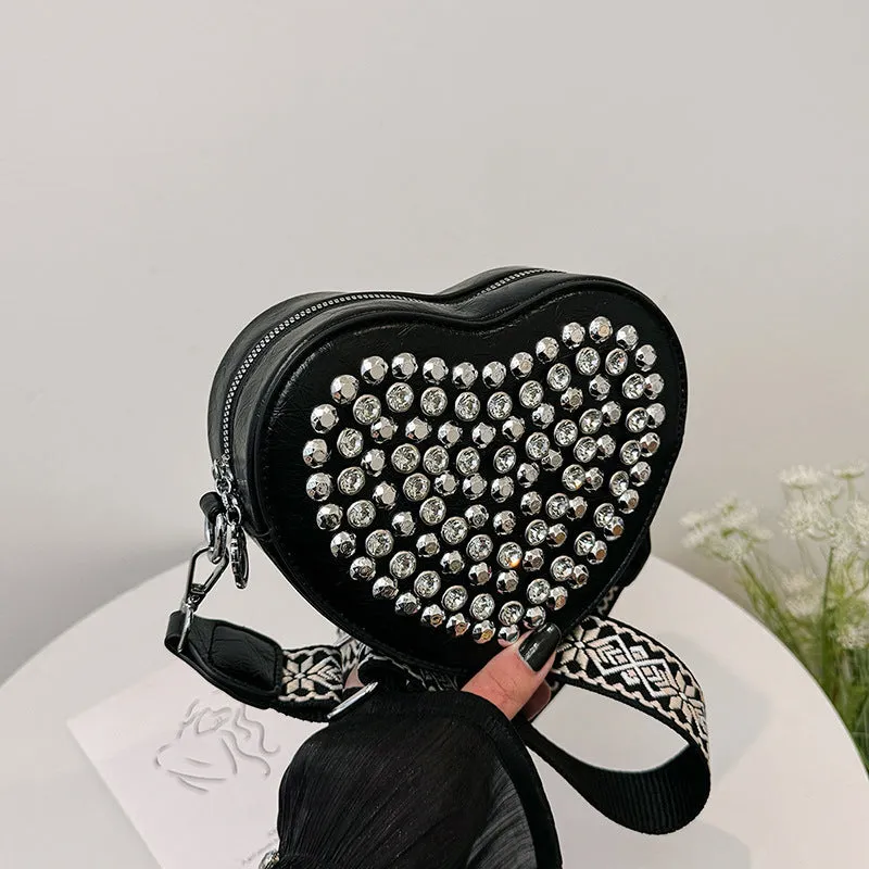Heart shaped PU crossbody phone bag with western style shoulder strap in black