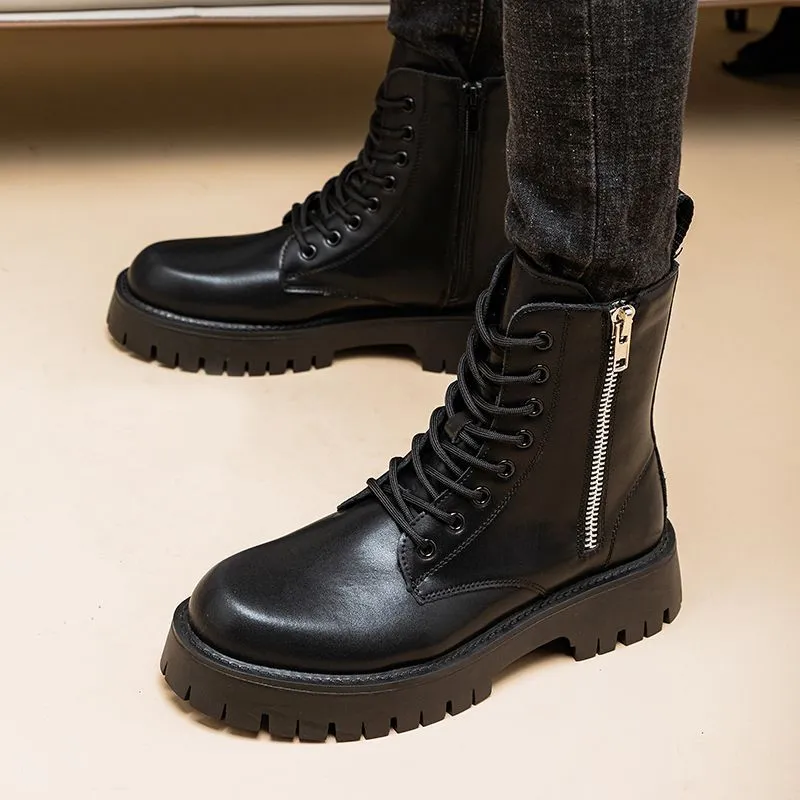 Men's Martin PU leather high-top boots with buckle fastening in black colour