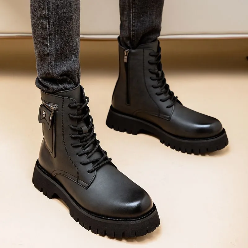 Men's Martin PU leather high-top boots with buckle fastening in black colour
