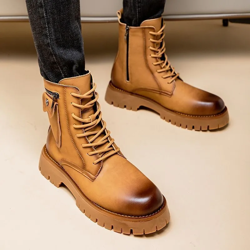 Men's Martin PU leather high-top boots with buckle fastening in black colour