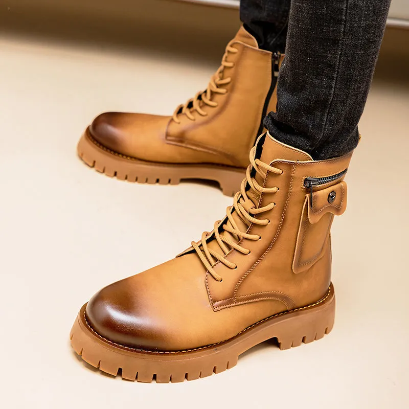Men's Martin PU leather high-top boots with buckle fastening in black colour