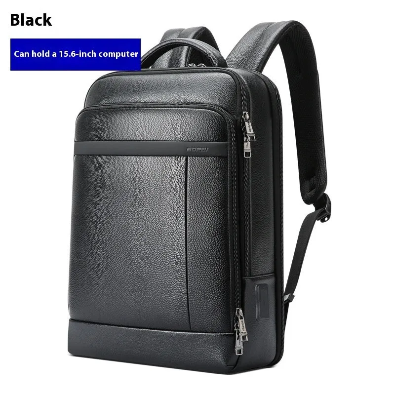 Black genuine leather business backpack with USB charging port and decorative stitching
