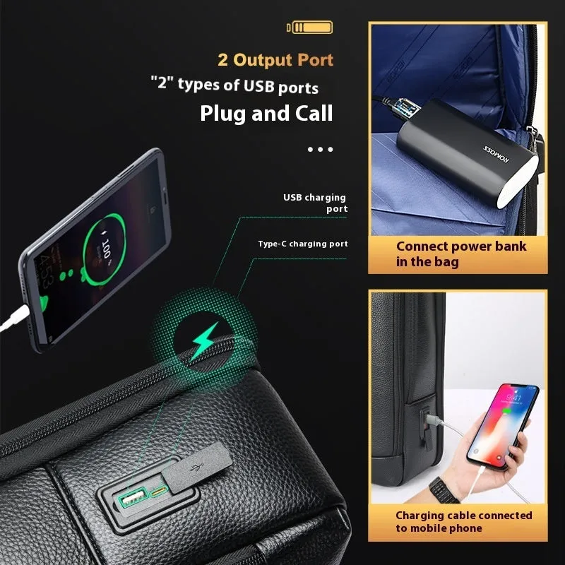 Black genuine leather business backpack with USB charging port and decorative stitching