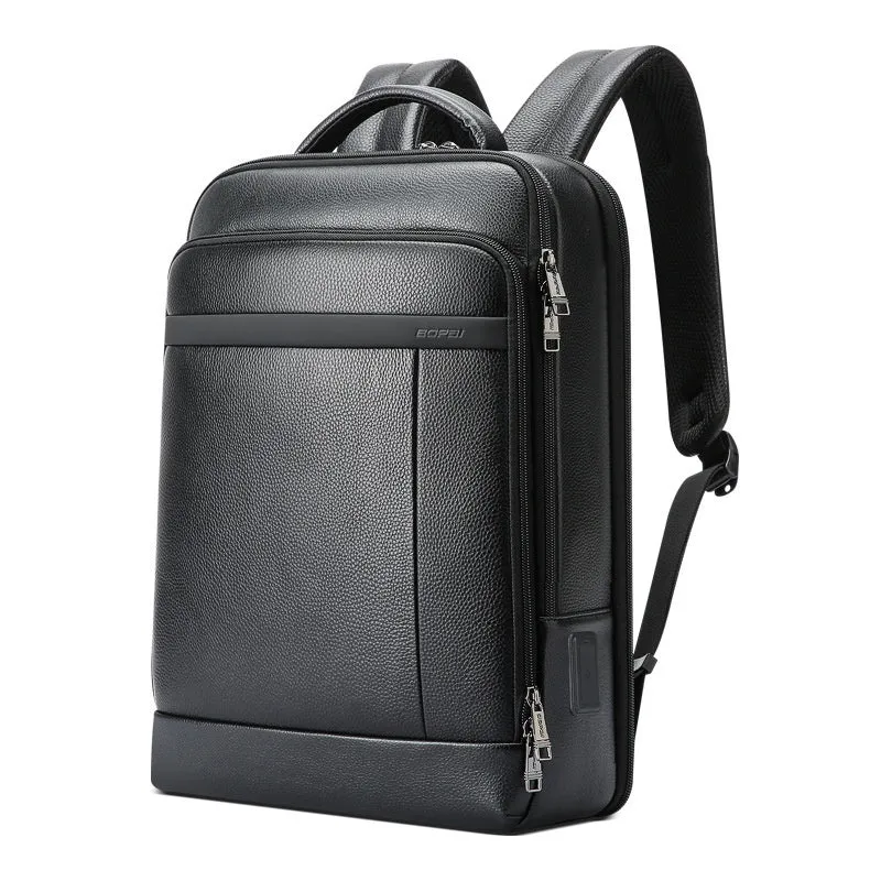 Black genuine leather business backpack with USB charging port and decorative stitching
