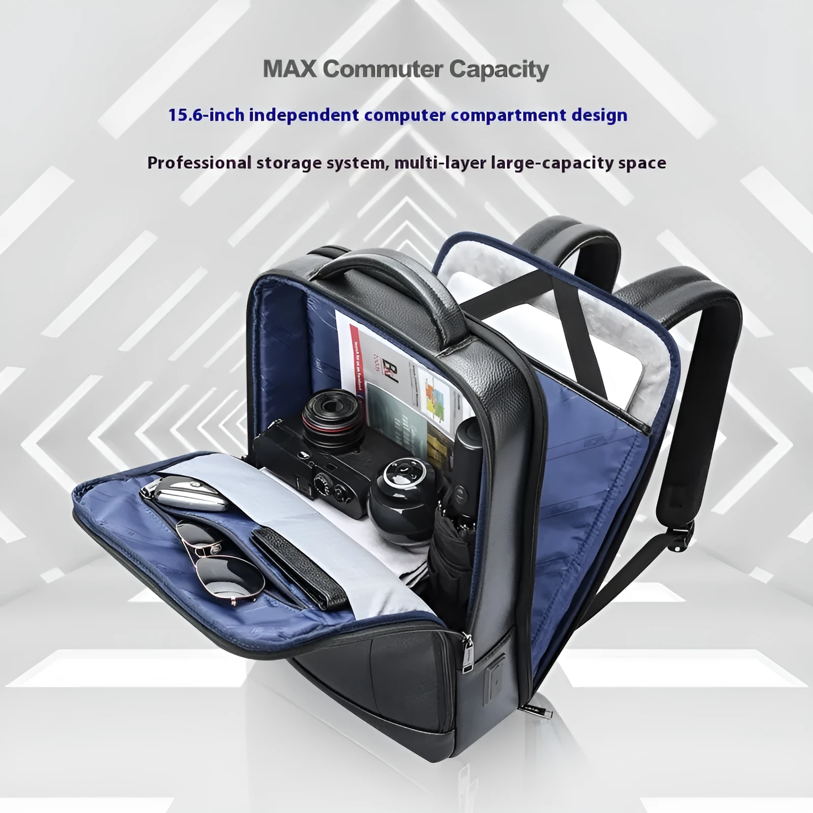 Black genuine leather business backpack with USB charging port and decorative stitching