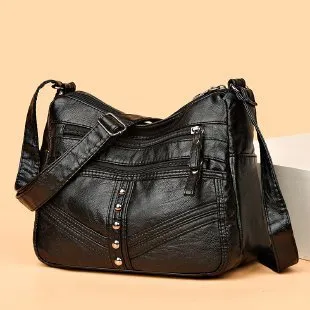 Ladies soft PU messenger bag in vintage style, available in black, brown, and red, horizontal square shape