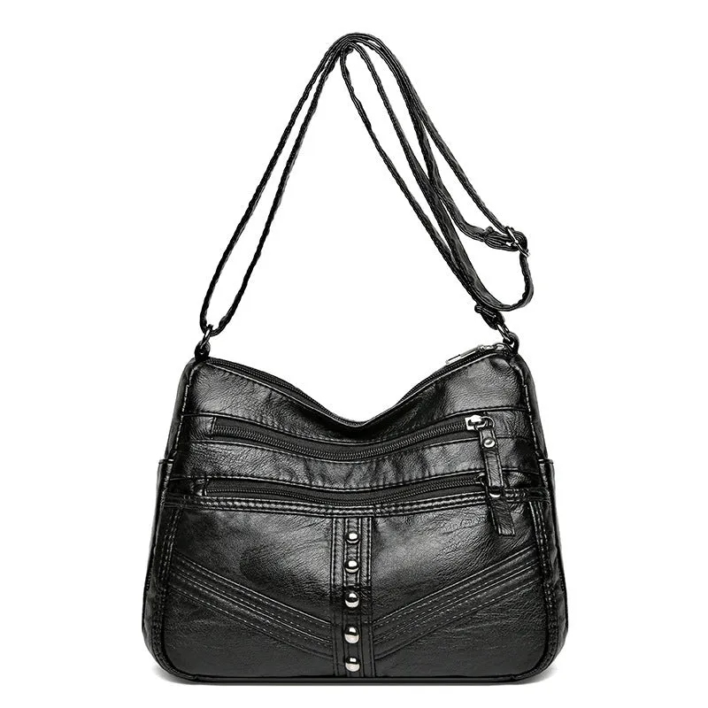 Ladies soft PU messenger bag in vintage style, available in black, brown, and red, horizontal square shape