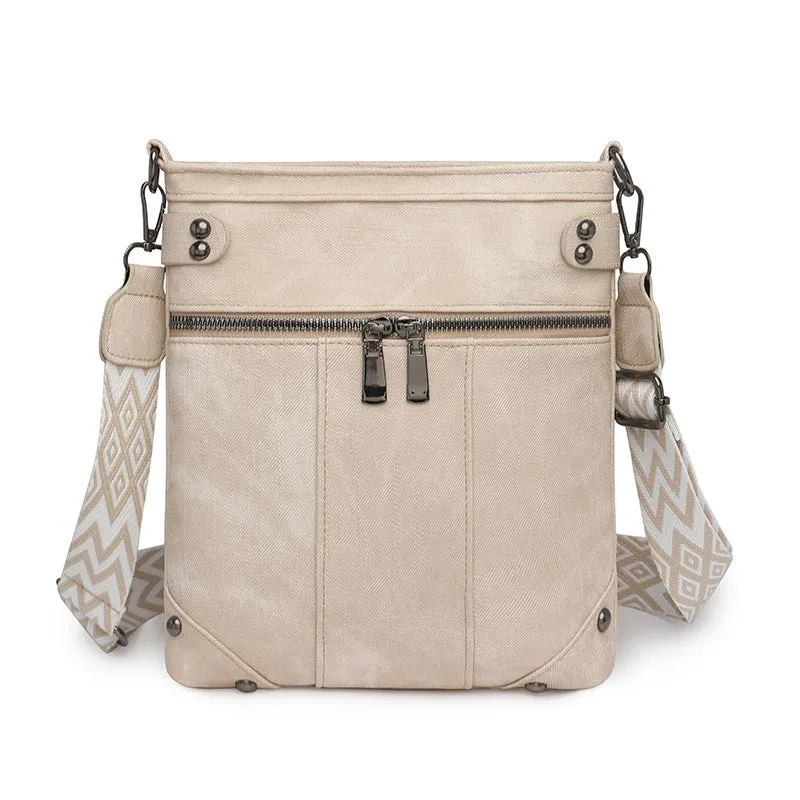Fashion new rivet crossbody women's bag in beige PU horizontal square urban simplicity