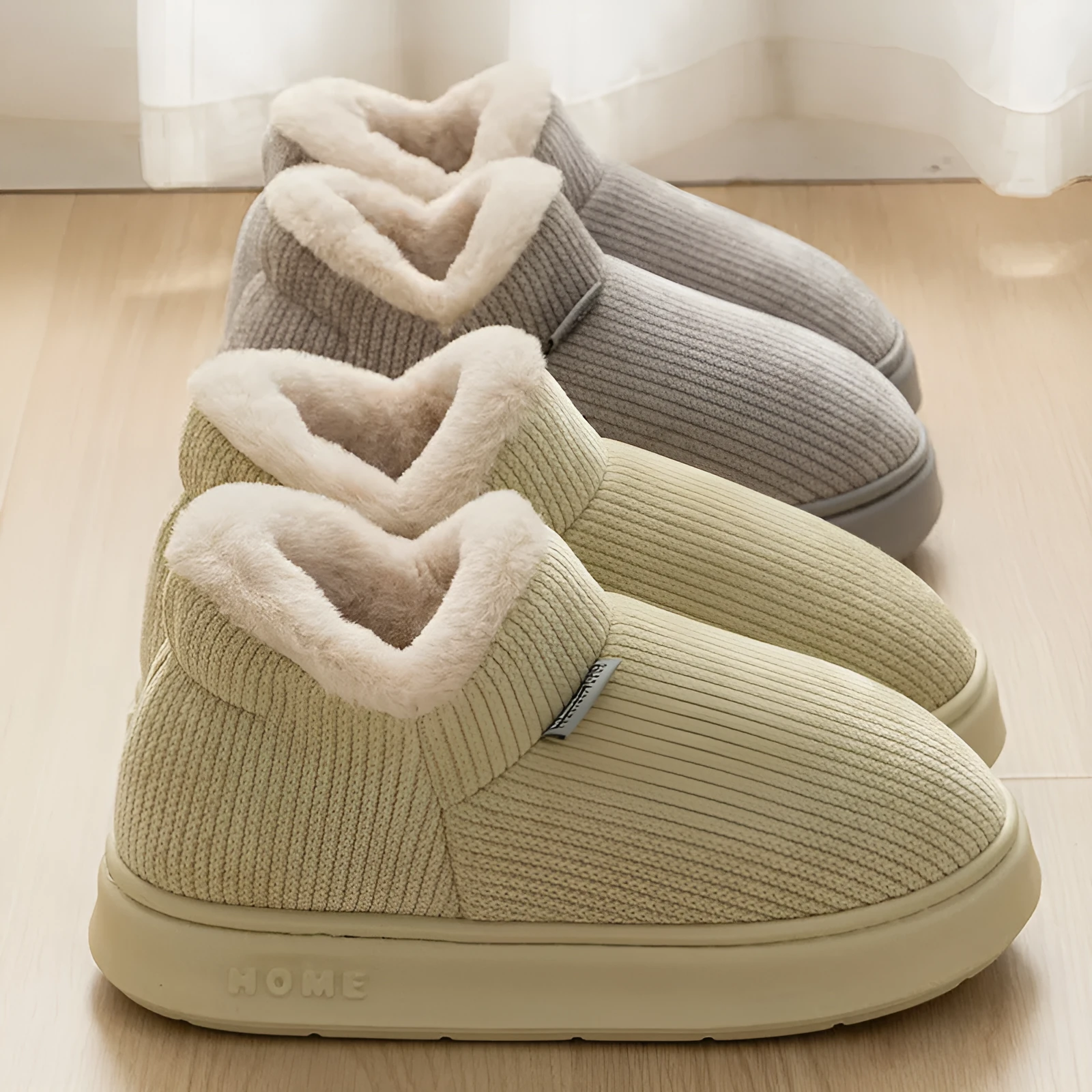Women's ankle wrap cotton slippers plush upper non-slip EVA sole available in green khaki pink brown gray