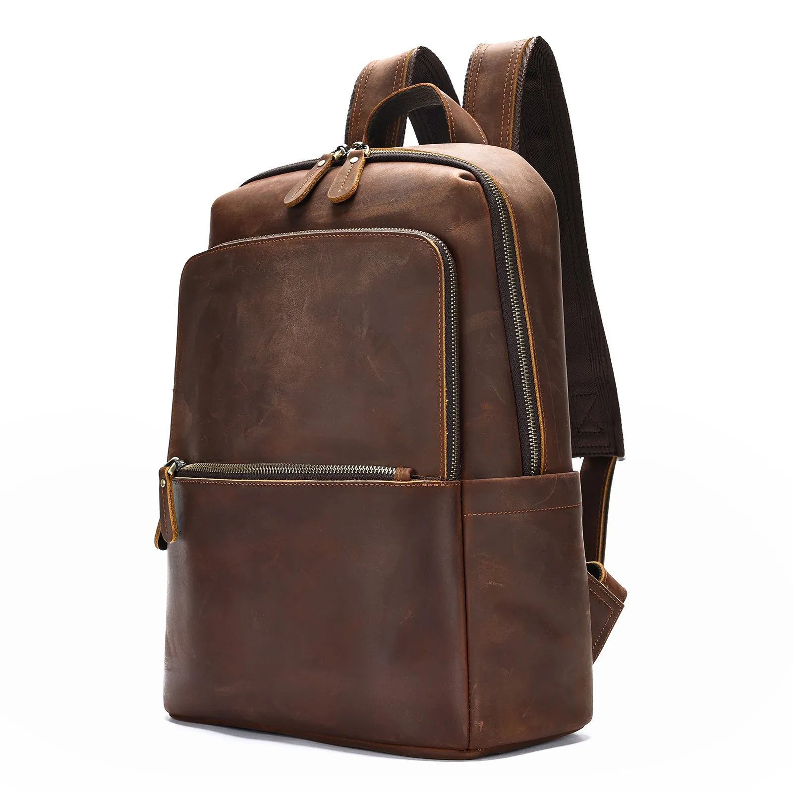 Men's genuine leather backpack in black, first layer cowhide, with a top handle and zipped main compartment