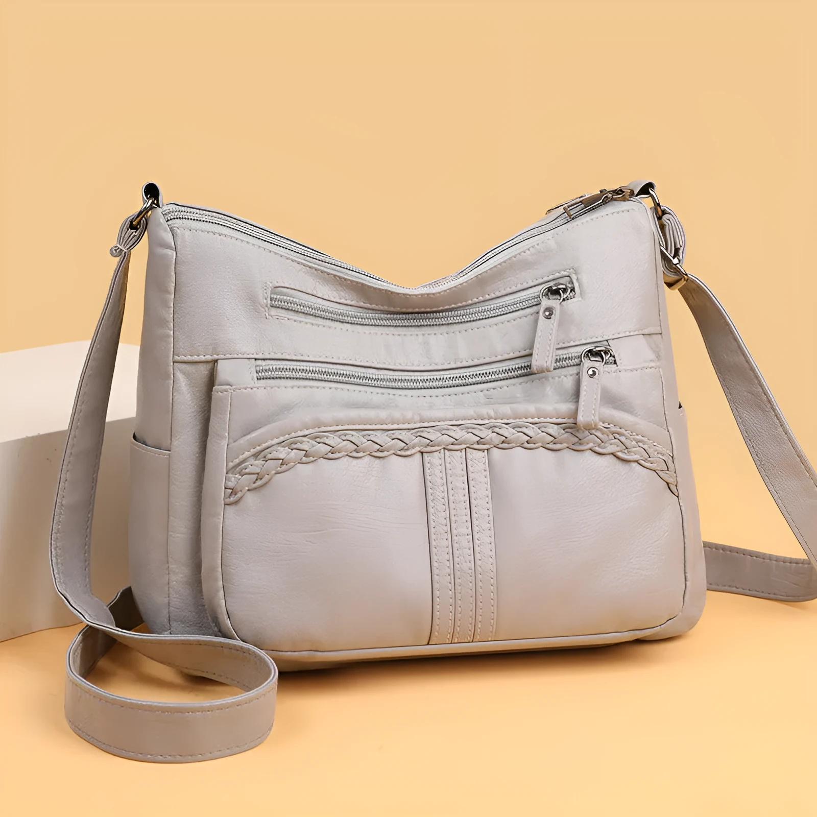 Large capacity multi-compartment PU cross-body bag for women, small square shape, brown colour