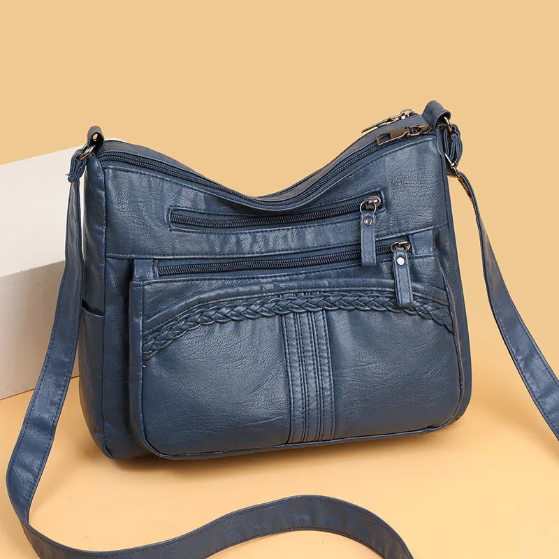 Large capacity multi-compartment PU cross-body bag for women, small square shape, brown colour