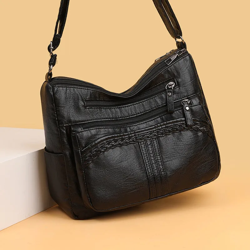 Large capacity multi-compartment PU cross-body bag for women, small square shape, brown colour